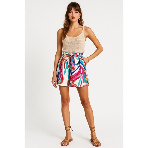 PatBo Floral High Waist Short White Blue Pink Watercolor Boho Cotton - Picture 9 of 9